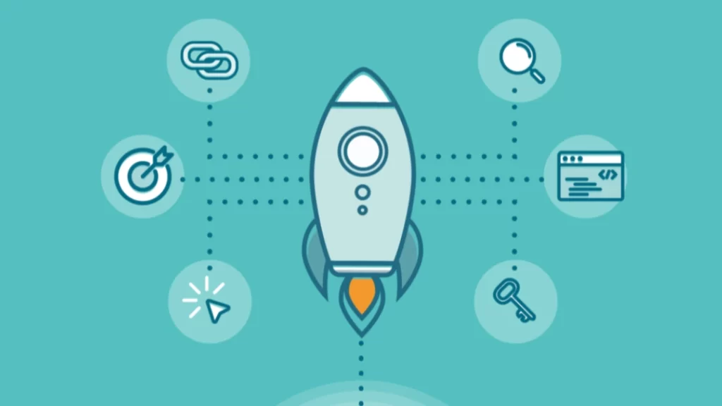 Rocket surrounded by SEO-related icons including links, target, cursor, magnifying glass, code, and key on teal background.